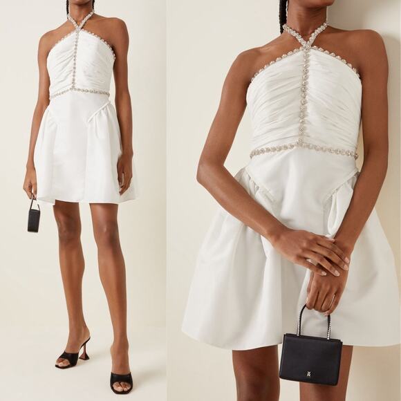 Self-Portrait White Taffeta Diamanté Embellished Trim Halter Neck Mini Dress - Picture 3 of 16